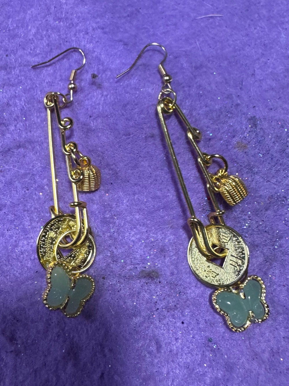 Gold safety pin jade Butterfly Dangle Earrings - gold Accents